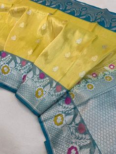 This is a very beautiful Pure banarasi katan tissue silk handloom saree Kadhyal weave border, Sona Rupa weave booties, golden n silver zari, paithani tilffi border, with  blouse piece.  Saree length - 5.5 mtr. Blouse - 1 mtr.  Dry clean only . Please note - color may be vary a little due to sunlight and photography . Please message us after purchasing in case you want fall and Pico done it not . No extra charges for fall and Pico but inform us . Blouse stitching is also available . Bridal Saree Indian, Blouse Stitching, Katan Silk, Indian Clothes, Indian Saree, Banarasi Saree, Bridal Saree, Handloom Saree, Indian Sarees