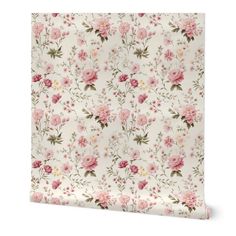 a floral wallpaper with pink and white flowers on the side, against a white background