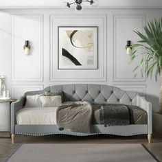 a living room with a couch, rug and potted plant in front of it