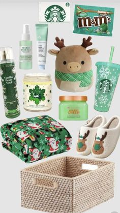 the contents of a starbucks gift set including shoes, mugs, and other items