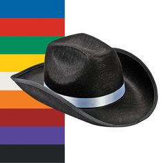 a black cowboy hat with silver band on top and rainbow stripes in the back ground