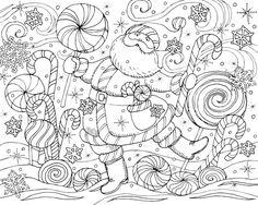 santa claus with candy canes and snowflakes in the winter scene coloring page