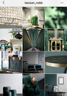 a collage of photos with different furniture and decor items in green, gold and white