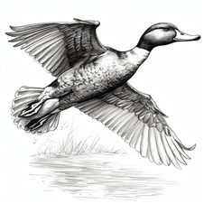 a drawing of a duck flying over water