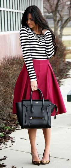 inspiration photo // stripes and mulberry and leopard oh my Spring Pantone, Rok Midi, Inspiration Dress, Nautical Christmas, Dresses Style, Winter Color, Work Style