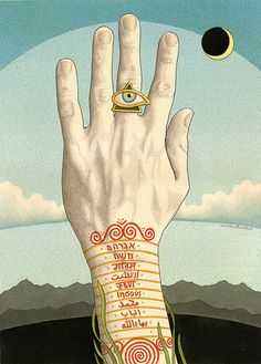 a hand with an all seeing ring on it's palm and the sky in the background