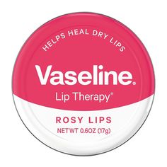 Vaseline Lip Therapy Rosy Lips Exclusive Non-sticky Holiday Lip Tin 0.6 oz(17 g) Description Vaseline Lip Therapy Rosy Lips Tin has been clinically proven to help heal dry lips, and it gives your lips a natural, rosy shine. This tinted lip balm has a non-sticky formula that melts into lips to lock in moisture while enhancing your lip color. Our Vaseline lip balm tins are convenient, so you can take them with you in your bag, purse, or pocket, and moisturize whenever your lips feel dry. Natural, Lip Balm Tin, Vaseline Jelly, Beauty Hacks Lips, Holiday Lip, Healing Dry Skin