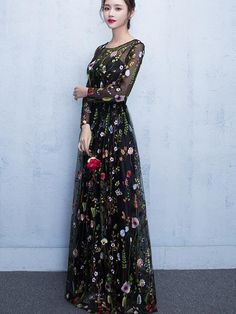 Black Long Sleeve Gown For Prom Season, Black Long Sleeve Gown For Prom, A-line Evening Dress With Floral Embroidery For Party, Summer Party Gown With Floral Embroidery, Black Long Sleeve Embroidered Gown, Black Floor-length Party Gown, Black Embroidered Long Sleeve Gown, Black Prom Gown For Party Season, Black Gown For Prom Party Season