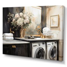 a painting of a washer and dryer in a bathroom with flowers on the counter