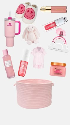 the contents of a pink bag are shown