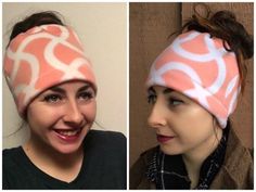 two pictures of the same woman with different hair styles, one is wearing a pink and white headband