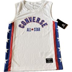 Converse All Star Sports Basketball Jersey, Casual Sleeveless Vest, Quick-Drying Tank Tops For Training Competition Size M (140-152 Cm) Ideal For Boys 10 - 12 Years 100% Polyester. Color White, Red, White And Blue Converse Label New With Tag Non-Smoking And Pet-Free Home Thank You! A9 White Cotton Sporty Tank Top, White Moisture-wicking Cotton Tank Top, Summer White Vest With Letter Print, White Summer Vest With Letter Print, White Sportswear Tank Top For Streetwear, White Racerback Top For Streetwear, White Moisture-wicking Basketball Top, Sporty Summer Tops For Playwear, Red Tops For Sports Events In Summer