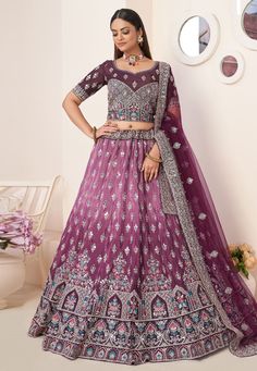 Purple satin mirror work lehenga choli 87023 Desc: Style : Circular Lehenga Choli Color : Purple Fabric : Satin Work : Mirror Sequence Embroidery Wash Care : Dry clean Sleeve Style : Half Sleeve Long Sleeves : Done only in Custom Stitch Sleeves Lining : Done only in Custom Stitch Bust Size : 32 to 42 Inches Occasion : Mehendi Reception Ceremonial Baby Shower Teej Vijayadashami Engagement Party Wear. With Express Free Shipping Buy Lehenga - Indian Party wedding and bridal ... Choli Style, Anarkali Lehenga Gowns, Bridal Lehenga Online, Mirror Work Lehenga, Indian Wedding Sarees, Short Blouse, Party Wear Lehenga Choli, Wedding Lehenga Choli, Anarkali Lehenga