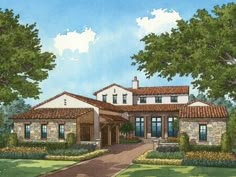 this is an artist's rendering of a house in the country style with stone and stucco