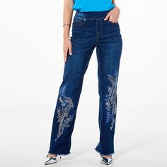 DG2 by Diane Gilman New Classic Stretch Denim Tropical Pull-On Trouser Jean  Reminiscent of a warm, sun-shiny day in paradise with their colorful, tropical-inspired embroidery, these classic denim pull-on jeans are a vacation wardrobe must. Ireland Fashion, Vacation Wardrobe, Pull On Jeans, Skirt Socks, Swimwear Cover, New Classic, Trouser Jeans, Outerwear Jackets, Stretch Denim