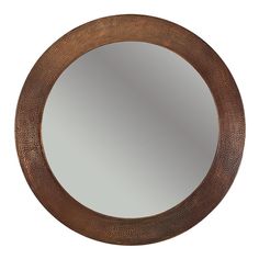 the round mirror is made out of wood and has a brown pattered finish on it