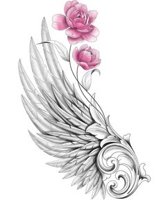 an angel wing with pink flowers and leaves on the side, in black and white