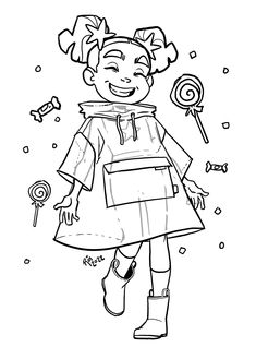 a black and white drawing of a girl in a dress holding a lollipop