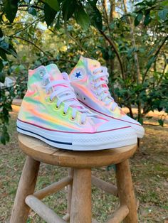 ~Rainbow Fade~ This listing is for Custom Converse High Tops with a vibrant rainbow fade done in spray paint & and sealed to protect color! **please include shoes size in your notes** Allow 2 weeks for create time - MADE TO ORDER Note: each pair are one of a kind will vary in coloring!! Will not look EXACTLY like the picture! Custom Converse High Tops, Diy Converse, Custom Converse Shoes, Cute Converse, Custom Painted Shoes, Custom Converse, Rainbow High, Painted Shoes, Denim Shorts Women