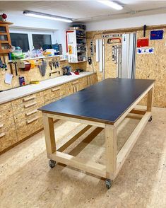 a workbench in a garage with lots of tools on the table and cabinets