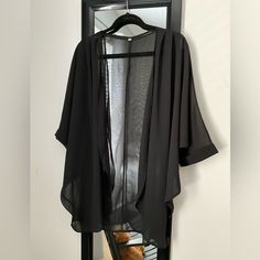 Sheer Chiffon Loose Kimono Cardigan, Black. Nwt, New Without Tag. Medium But Fits Large. Black Sheer Long Sleeve Outerwear, Chic Black Beach Cardigan, Black Summer Evening Outerwear, Spring Black Sheer Outerwear, Black Open Front Top For Layering, Black Summer Outerwear For Night Out, Black V-neck Outerwear For Beach, Black V-neck Outerwear For The Beach, Black V-neck Outerwear For Day Out