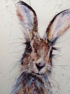 a drawing of a rabbit's face on a piece of paper with watercolor paint