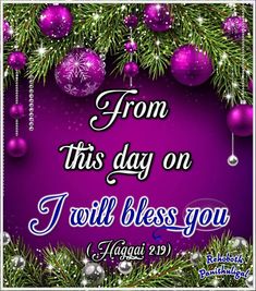 a purple christmas card with ornaments and the words from this day on i will blessing you