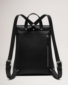 a black leather backpack with straps