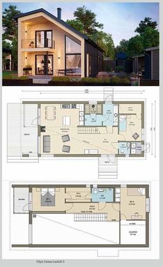 two floor plans for a small house with an attached kitchen and living room, one in the