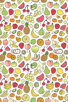 an image of many different fruits and vegetables on a white background, all in the same pattern