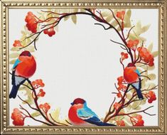 two birds are sitting on the branch of a tree with red berries in front of it