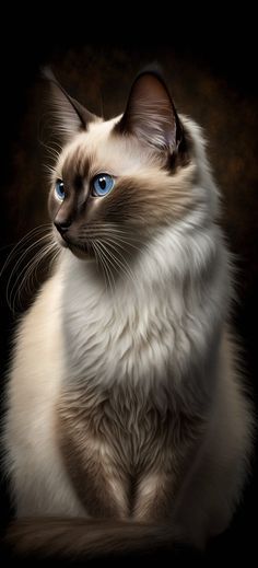 a siamese cat with blue eyes sitting in front of a black background and looking at the camera