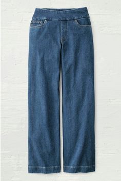 A fresh new style in our so-comfortable knit denim, updated with a modern leg shape. Our wide-leg jeans feature a flat pull-on waistband, with faux fly and 5-pocket styling. | Women's Knit Denim Wide-Leg Jeans - Medium Wash - 6 Wide Leg Jeans, Knit Denim, Cotton Spandex, Pull On Jeans, New Style, Knitting Women, Wide Leg Denim, Petite Size, Clothes And Accessories