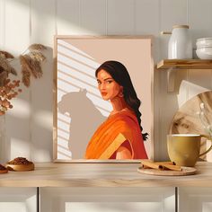 a framed portrait of a woman on a shelf next to a coffee cup and plate