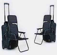 two black folding chairs with wheels on each side and one sitting in the same chair