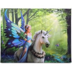 Canvas art print by Anne Stokes, fairy riding unicorn with small dragon through a butterfly forest by a stream. Blue butterfly wings on the fairy Anne Stokes Art, Unicorn Canvas, Shop Pictures, Creature Fantasy, Unicorn And Fairies, Luis Royo, Anne Stokes, Boris Vallejo, Gothic Vampire