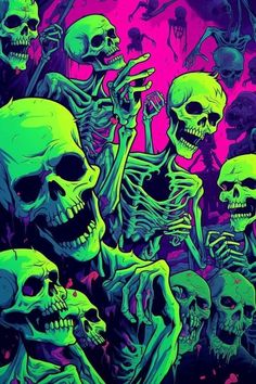 a group of skeletons sitting next to each other on top of a purple and green background