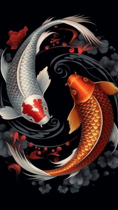 two koi fish swimming in the water with leaves and flowers on it's side