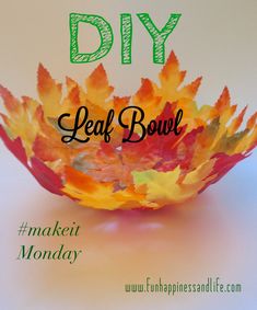 an autumn leaf bowl is shown with the words diy leaf bowl written in green