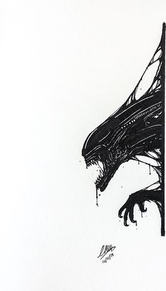 a black and white drawing of a large alien like creature with its mouth wide open