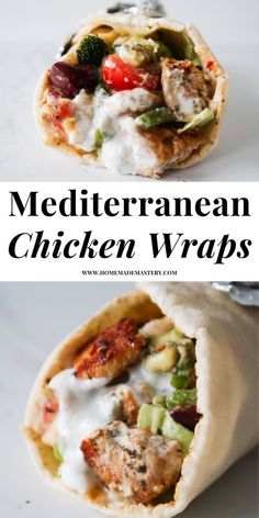 chicken wraps with vegetables and sauce on them are shown in two different images, one is cut