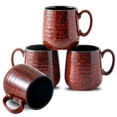 four red coffee mugs sitting next to each other