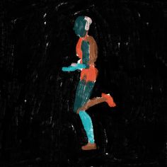 a drawing of a man running in the dark with his feet up and one hand on his hip