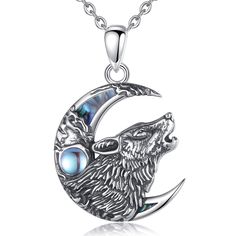 Sterling Silver Moonstone Wolf on the Moon Necklace-MoonChildWorld Rune Vichinghe, Moon Goddess Necklace, Gift Boxes, Pagan Necklace, Wolf Necklace, Moonstone Pendant Necklace, Moon Phases Necklace, Wolves Pendants, Silver Wolf