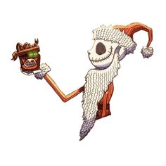 a drawing of a skeleton holding a cup and wearing a santa claus hat with an evil grin on it's face