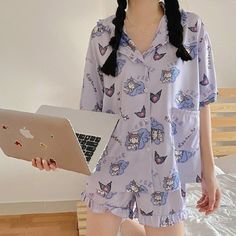 Sanrio Kuromi Women's Pajamas Purple Top & Shorts With Gathered Ruffle Detail V-Neck Button Down Top Ruffle Bottom Shorts Polyester/Cotton Cute Korean Pajamas, Pajamas Purple, Cute Nightwear, Korean Pajamas, Purple Pajamas, Christmas Pajama Pants, Night Pajama