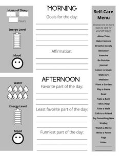 From world events to school to social media, life can get overwhelming. Self-care habits can help us stay centered when everything else in the world feels like it's spinning out of control. This 4 pack SEL resource provides journal prompts, daily affirmations, a breathing guide, and an activity for releasing emotions. On the journal page there are prompts for the morning and afternoon to help set daily goals and affirmations, reflect on the day and track moods. On the left side of each page you will find a fun tracker to monitor your mood, energy level, hours of sleep, and water intake. On the right side, discover a self-care menu that provides fresh ideas for practicing wellness each day. Weaving this habit into your classroom routine will empower your students to take control of their ow Journal Prompts Daily, Releasing Emotions, Relaxation Ideas, Mentor Program, Self Care Journal, Cognitive Therapy, Classroom Routines, Class Theme, Health Activities