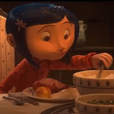 a cartoon character is eating food at a table with chopsticks in front of her