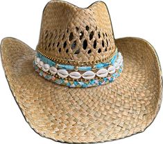 Blue Western Hat For Vacation, Blue Bohemian Hat Bands, Blue Brimmed Sun Hat For Rodeo, Turquoise Hat For Summer Western-themed Events, Blue Sun Hat With Curved Brim For Country Events, Western Blue Wide Brim Sun Hat, Wide Brim Blue Sun Hat For Rodeo, Blue Wide Brim Straw Hat For Festivals, Blue Curved Brim Sun Hat For Country Events