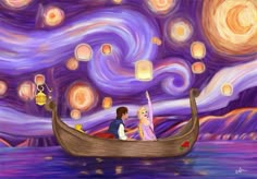 a man and woman in a boat floating on the water under a night sky filled with lanterns